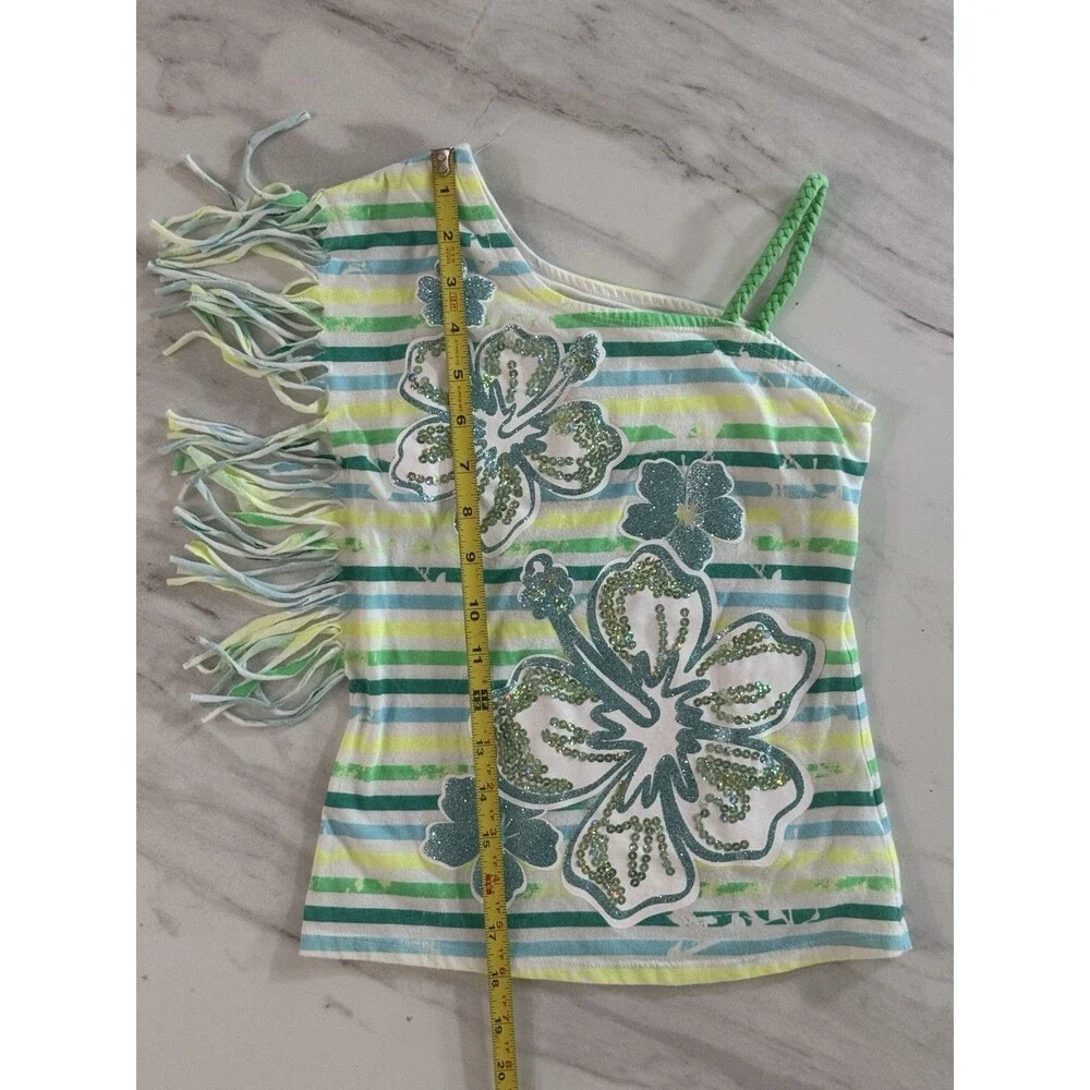 CuteJustice Girls One Strap Top Green Shelf Bra Stripes Fringes Size 7